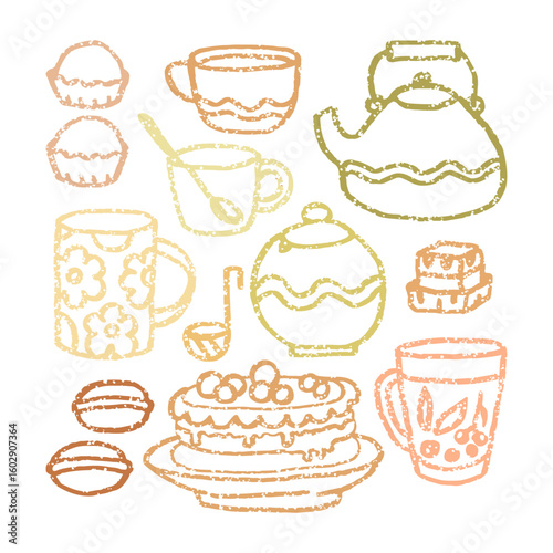Cute line colored glass and ceramic crockery, tableware and food for tea ceremony and breakfast sticker. Tea party stickers set. Vector illustration collection.