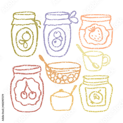 Cute colorful glass dishes with fruit and berry jam. Set of tea party sketch illustrations. Collection of vector stickers.