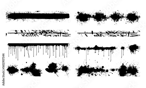 Dirty graffiti spray lines with paint splashes and drips. Grime texture stencil and splattered spray paint marks for backgrounds, ink blots, vector urban street art, grungy paint effects