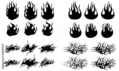 90s retro flame silhouettes with classic hot rod and motorcycle tattoo style. Vintage tribal fire outlines in black and white. Old school blaze vector illustrations, warm burn shapes