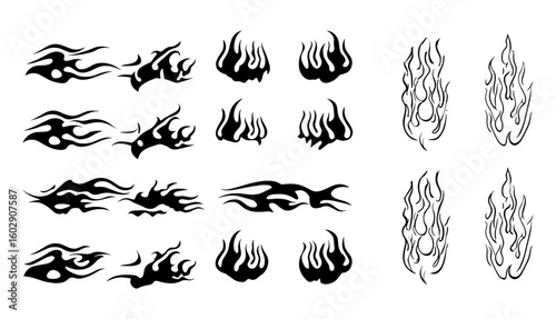 Retro 90s flame silhouettes with black and white outline, inspired by hot rod cars and motorcycle culture. Old school tribal tattoo style with blazing fire elements, vintage decoration