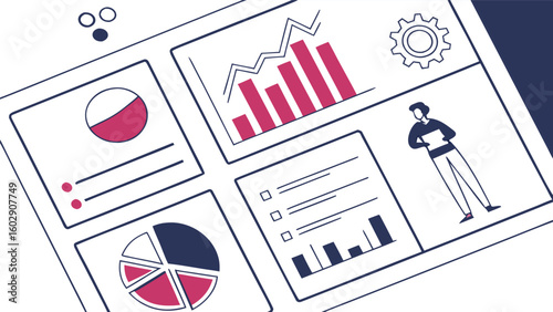 Illustration of a dashboard with graphs, charts, a gear, and a person holding a document on a screen