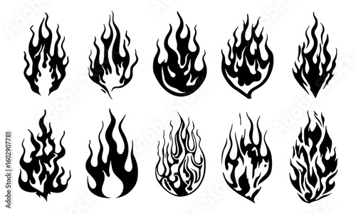 Silhouettes of flames in vintage 90s retro style, motorcycle and hot rod inspired. Black and white tribal tattoo outlines, classic fire aesthetics, blazing vector shapes, old school heat design