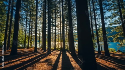Sunrise Through Pine Forest by Lake