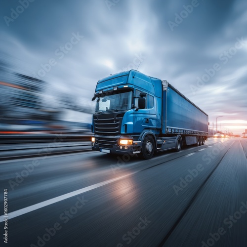 Blue Truck Driving on Highway Near City at Dusk