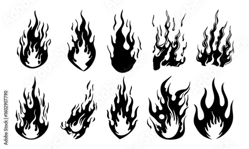 Retro flame silhouettes in old school 90s style featuring hot rod cars and motorcycles. Black and white tattoo outlines with fiery blaze elements. Vector art with tribal patterns, classic fire symbols