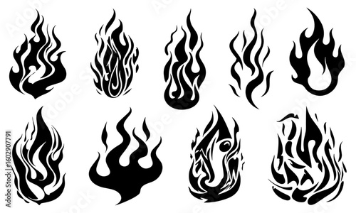 Silhouettes of flames in vintage 90s retro style, motorcycle and hot rod inspired. Black and white tribal tattoo outlines, classic fire aesthetics, blazing vector shapes, old school heat design