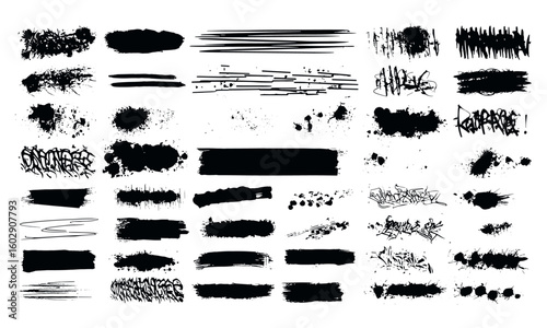 Grimy grunge texture set with high elaboration: paint splatter, stencil lines, ink splashes, spray graffiti, and brush strokes. Vector isolated design with scratch, distress, rough edges