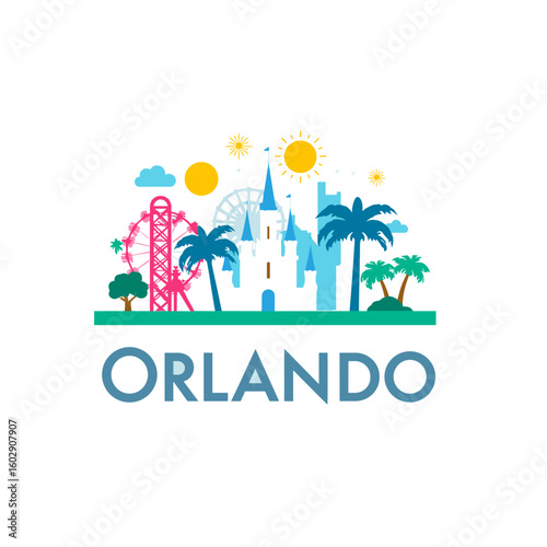 Flat vector logo of Orlando with theme park castle, Ferris wheel, palm trees, city buildings and sun in colorful style