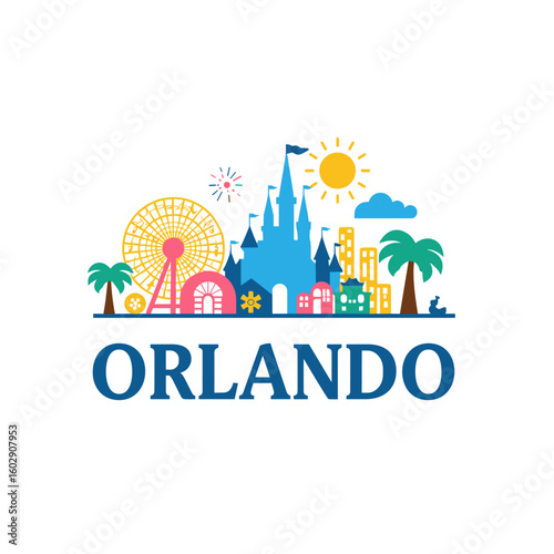 Flat vector logo of Orlando with theme park castle, Ferris wheel, palm trees, city buildings and sun in colorful style