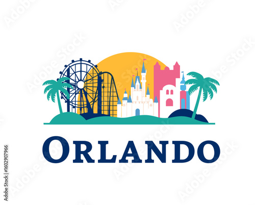 Colorful flat design emblem of Orlando with theme park castle, Ferris wheel, roller coaster and palm trees