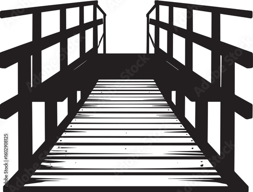 Wooden Ferry Bridge Silhouette in Black | Rustic River Crossing Illustration Vector Format