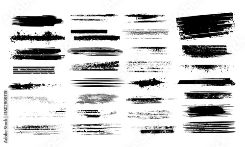Vector grunge paint box with diverse brush strokes, spray splashes, hand-drawn stencil lines, and ink textures. Includes creative scratches, splatters, stains, watercolor borders