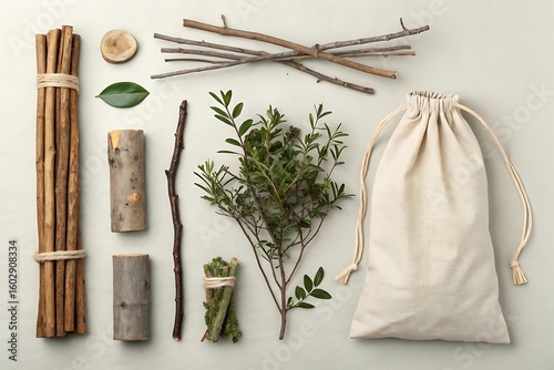 Natural Elements And Drawstring Pouch Arrangement sticks branches