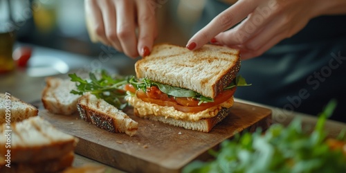 Chef in black apron slicing a vegetarian submarine sandwich on wooden board. Sandwich is loaded with basil, tomato and mozzarella.