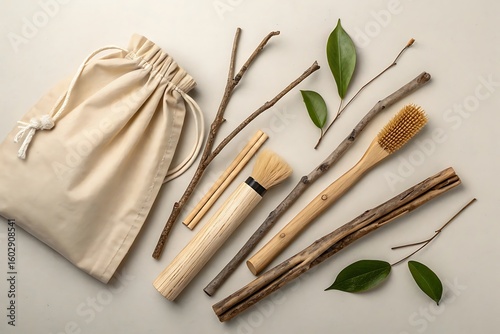 Natural objects including wooden toothbrush and bag organic eco friendly