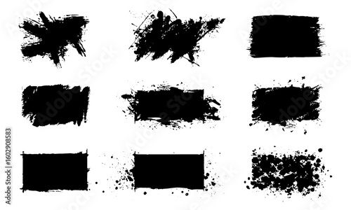 Artistic ink brushstroke vector set featuring grunge paint splatters, stains, and dirty blot effects. Includes rough calligraphy, textured brush designs, scratches, sprays, and graphic elements