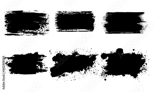 Black ink brush strokes and grunge paint splatter design with dirty blot and rough calligraphy effects. Artistic brushstroke elements in vector format with stains, scratches, spray, and textured