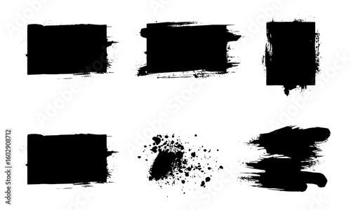 Vector ink brush strokes with grunge paint splatter, dirt stains, and artistic blot elements. Includes calligraphy-style rough textures, scratches, sprays, and graphic brush effects