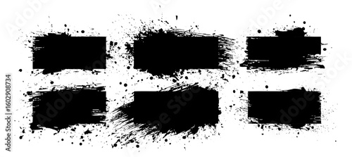 Artistic grunge paintbrush vector with black ink strokes, splashes, and dirt stains. Bold textured brush elements featuring splatter, calligraphy lines, blot drops, and rough paint shapes.