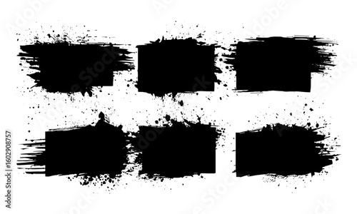 Grunge ink brushstroke vector with splatter, paintbox graphic design. Artistic black brush with dirt stains, blot drops, rough textured paint elements, splashes, and calligraphy effects.