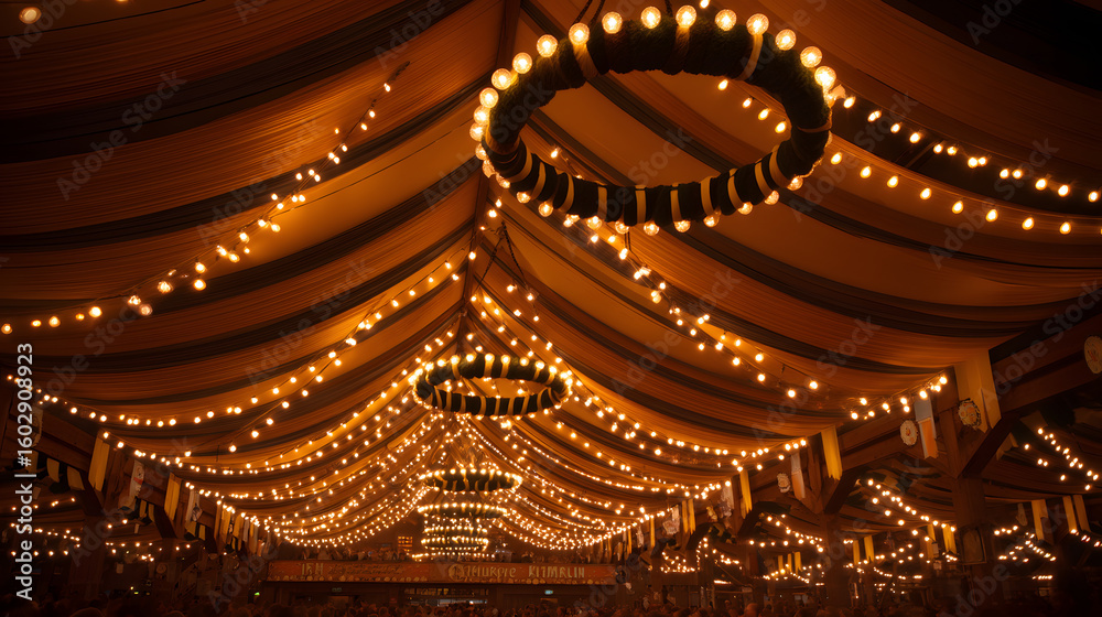 Obraz premium Warmly lit Oktoberfest tent interior with hanging lights and striped fabric ceiling. A cozy, festive setting perfect for event promotion or editorial design.