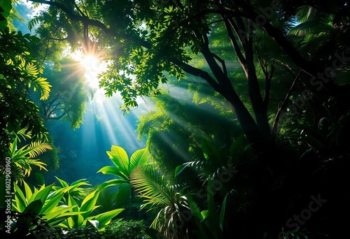 Fototapeta Naklejka Na Ścianę i Meble -  Sunlight shafts pierce dense jungle canopy, illuminating vibrant green foliage,  sunlit,  green leaves