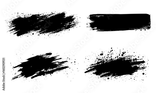 Ink brush splatter and paint stroke vector set with grunge stains, blot drops, textured backgrounds, calligraphy blobs, graffiti effects, abstract artistic elements, dirty splashes,