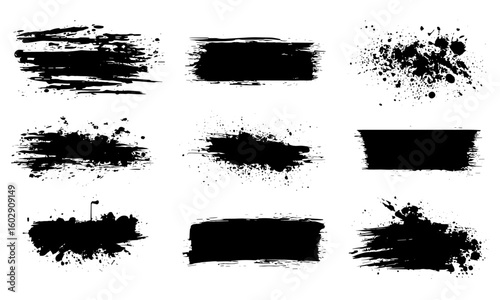 Artistic grunge ink brushstroke and paintbrush splatter vector set. Dirty stains, drops, blots, textured splash elements with ink spray and messy graffiti style background illustration, abstract