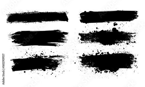 Vector black ink brush strokes with grunge splatter, dirty stains, paint splashes, and blot drops. Artistic textured backgrounds, calligraphy blobs, graffiti effects, abstract shapes