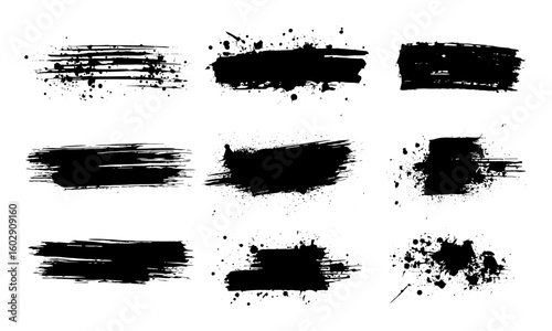 Grunge ink brushstroke vector set with paintbrush splashes, dirty artistic stains, blot drops, and textured backgrounds. Abstract ink spray, splatter, graffiti, calligraphy, and design elements