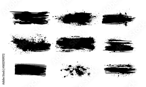 Ink brush splatter and paint stroke vector set with grunge stains, blot drops, textured backgrounds, calligraphy blobs, graffiti effects, abstract artistic elements, dirty splashes,