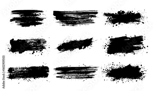 Grunge ink brushstroke vector set with paintbrush splashes, dirty artistic stains, blot drops, and textured backgrounds. Abstract ink spray, splatter, graffiti, calligraphy, and design elements