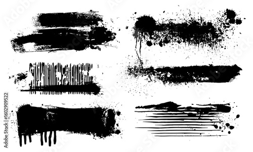 Grunge banners and brush stroke vector set with ink splatters, paint smears, blot drops, and rough textured lines arranged in a rectangular shape for text highlights, callouts, and underline effects