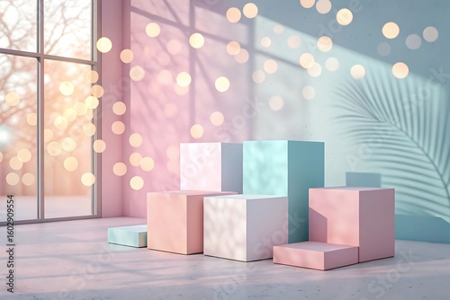 Pastel geometric cubes soft light bokeh pastel colors minimalist