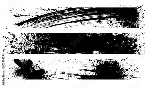 Paint splashes, grunge ink brush strokes, and blot drops forming a rectangular textured vector set for banners, callouts, and text highlights. Includes stencil lines, smears, sprays