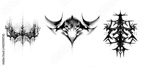 Neo-tribal 3D vector collection featuring gothic tattoo art, cyber sigils, and modern halftone ornamental designs. Futuristic brutal cyber style with retro metallic chrome