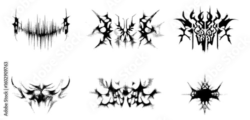 Modern neo-tribal 3D halftone graphic set blending gothic tattoo art and cyber sigilism. Futuristic ornamental vectors with brutal retro metal, acid chrome effects, dark cyberpunk
