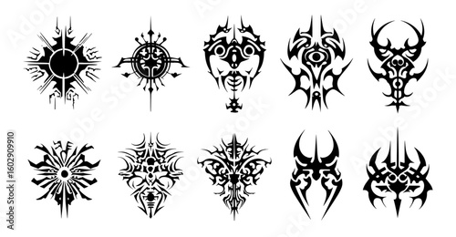 Gothic neo-tribal cybersigilism shapes and patterns, vector tattoo designs for clothing, streetwear, t-shirts, and typography. Trendy artistic apparel graphics with grunge, retro style, ornament