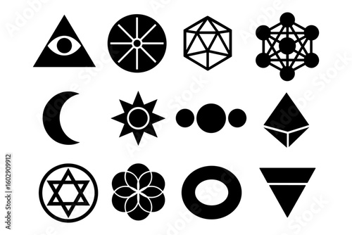 Geometric symbol set: black and white esoteric and spiritual icons