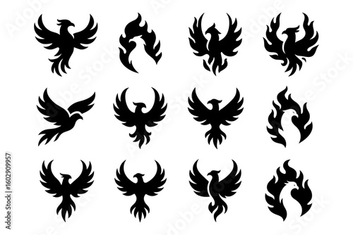 Majestic phoenix symbols in bold silhouette style with fiery elegance