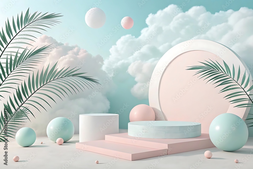 Fototapeta premium Pastel geometric podiums with foliage and clouds stage display
