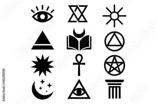 Mystical symbols: eye, ankh, pentacle, and more in bold design