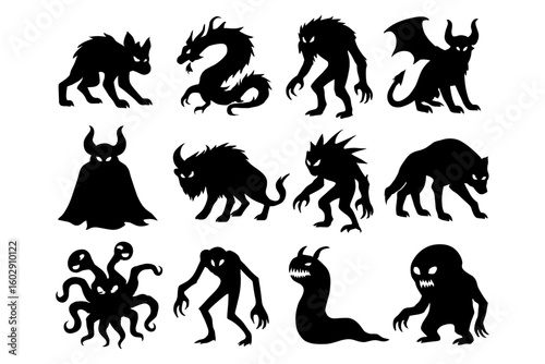 Collection of silhouette monsters and mythical creatures for halloween design