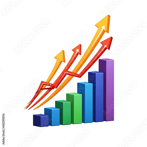Free Download 3D Bar Graph with Rising Arrow Icon – Growth Chart Symbol on White Background for Business and Data Visualization - GFXLoad