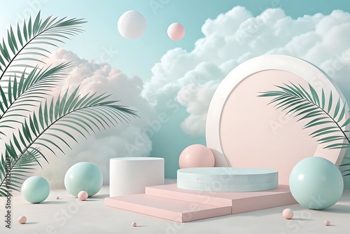 Pastel geometric podiums with foliage and clouds stage display