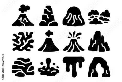 Silhouette icons of natural landforms and volcano eruptions
