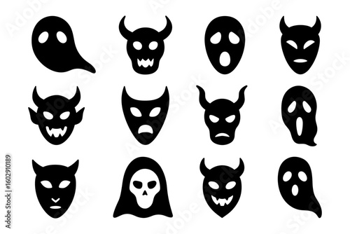 Set of halloween ghost and monster faces in black silhouette on white background