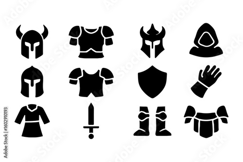 Medieval armor silhouette icons set featuring helmets, shields, swords, and garments