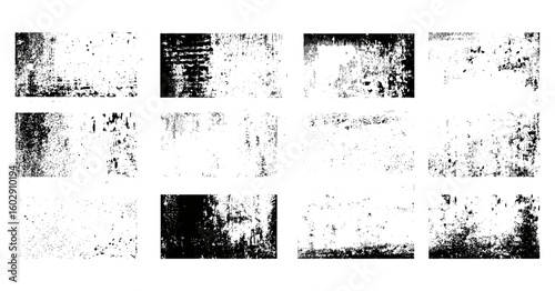 Vintage grunge overlay texture with detailed stamps mockups featuring old paint, dust, cracks, wood, concrete damage effects. Big vector set for textured backgrounds, artistic design